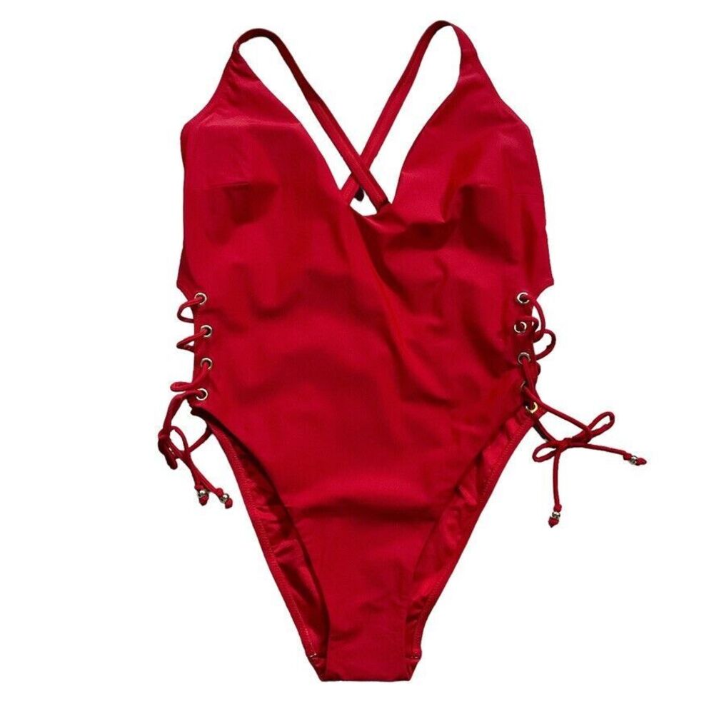 City Chic Womens Swimsuit sz 18 new nwt Lace Up One Piece Red Cherry High Leg